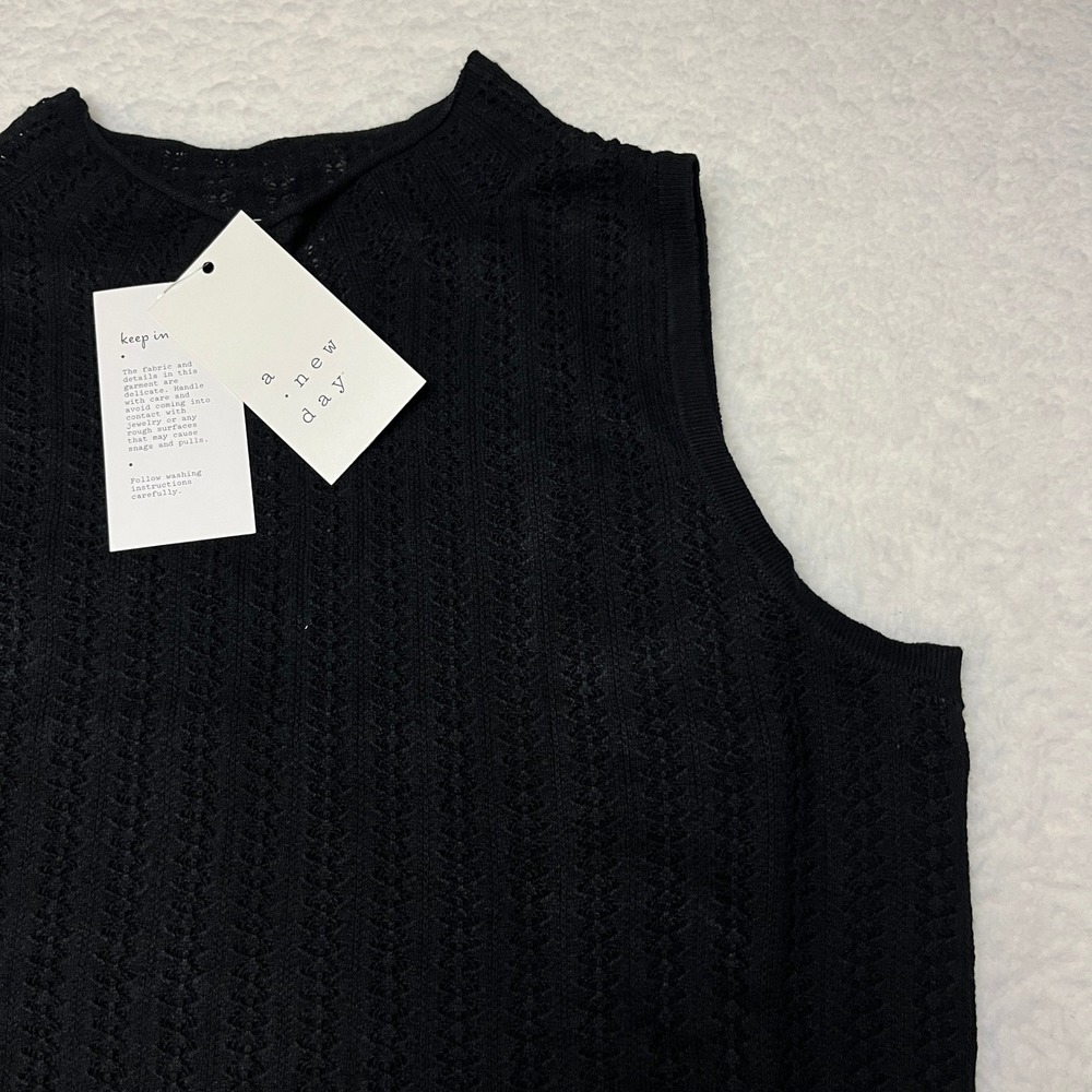 A New Day Dress Womens‎ S Black Pointelle Knit Sleeveless Mock Neck Midi P66724